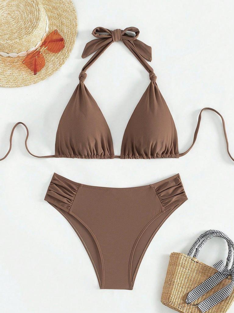 New Two-Piece Ladies Bikini - European/American Style with Splicing and 26 Contrasting Solid Colors, Available In Coffee for Men