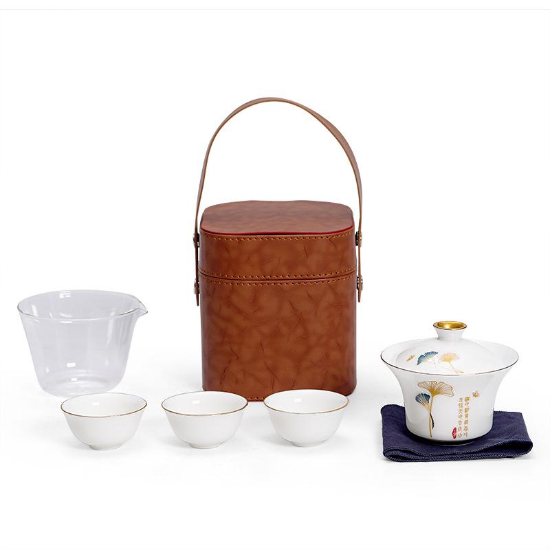 Ceramic travel tea set, one pot, three cups of Kuaike cup, outdoor round road car portable camping Kung Fu tea set