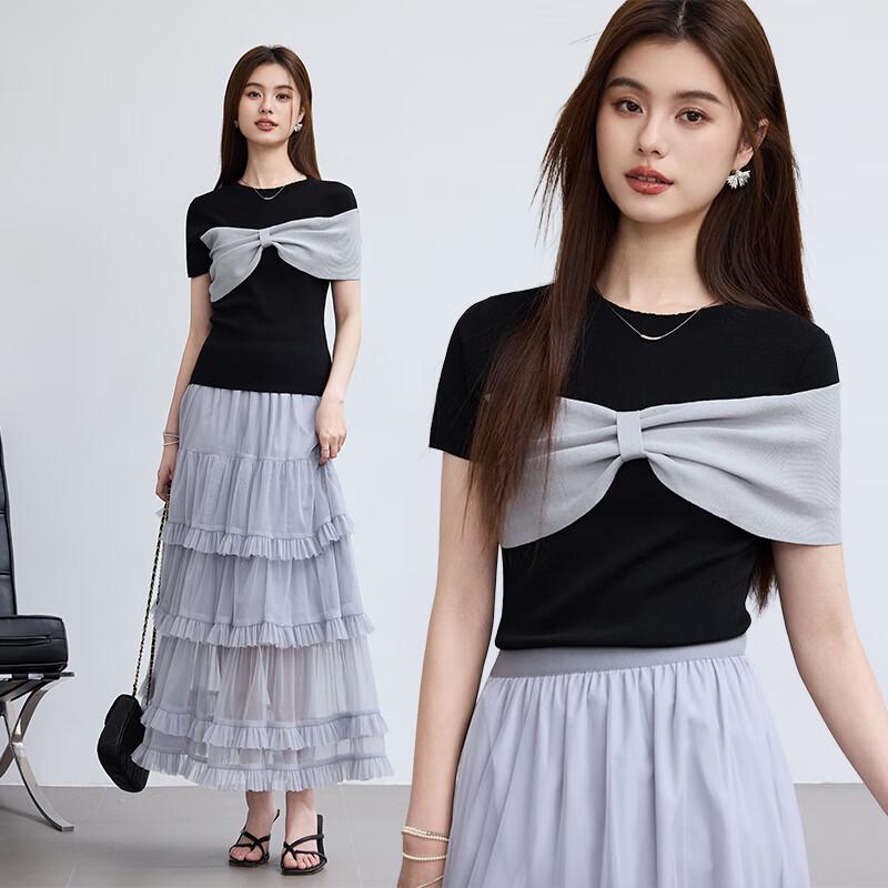 VICTORIA&VERA Women's 3D Bow Ice Silk Short Sleeve Knit Top