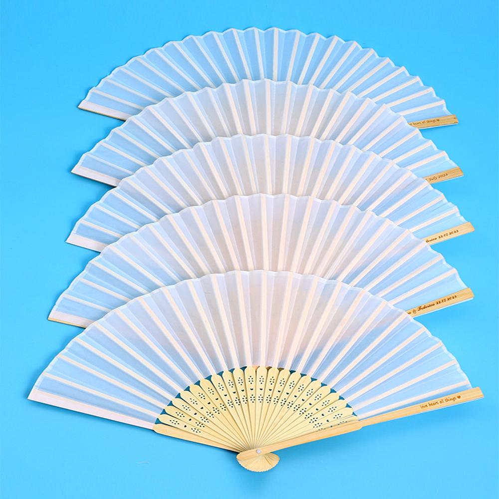 20/70 PCS Personalized Engraved White Folding Elegant Silk Hand Fan with Gift Bag Wedding Favors