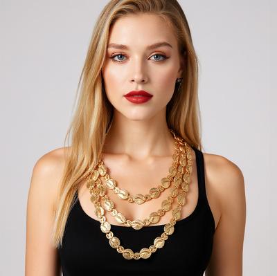 Personality Trend Punk Style Alloy Geometric Badge Coin Three-layer Necklace Premium Light Luxury Women's Necklace