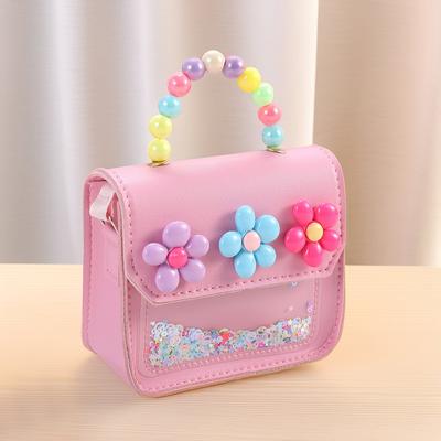 Cute Flowers Children's Handbags Messenger Bag Sweet Girls Pearl Shiny Kids Shoulder Bag Cartoon PU Leather Crossbody Bags