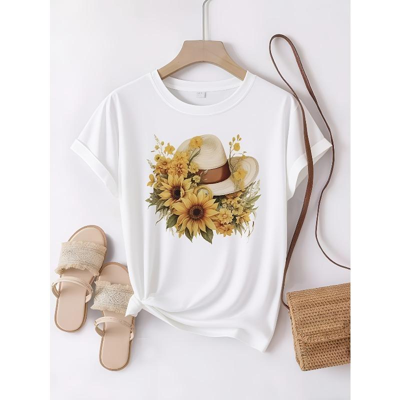 Womens Floral Print Pure T Shirt Soft Breathable Loose Fit Short Sleeve Casual Everyday Party Wear Machine Washable Summer Fashion Staple