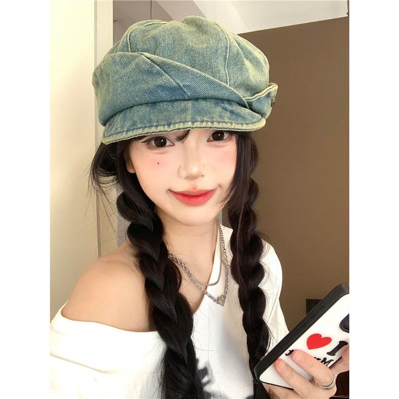Literary and artistic washed denim niche design beret women's versatile face small sunshade sunscreen octagonal hat tide