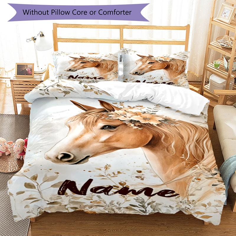 3pcs Custom Name Horse Bedding Set Duvet Cover Closure Includes 1 Duvet Cover & 2 Pillowcases, Soft and Comfortable for All Seasons.