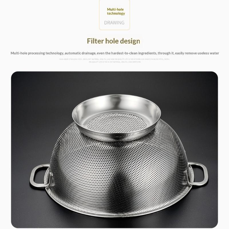 Stainless Steel Colander With Double Handle Food Pasta Strainer Basket With Self-Draining Solid Ring Base Fine Mesh Filter