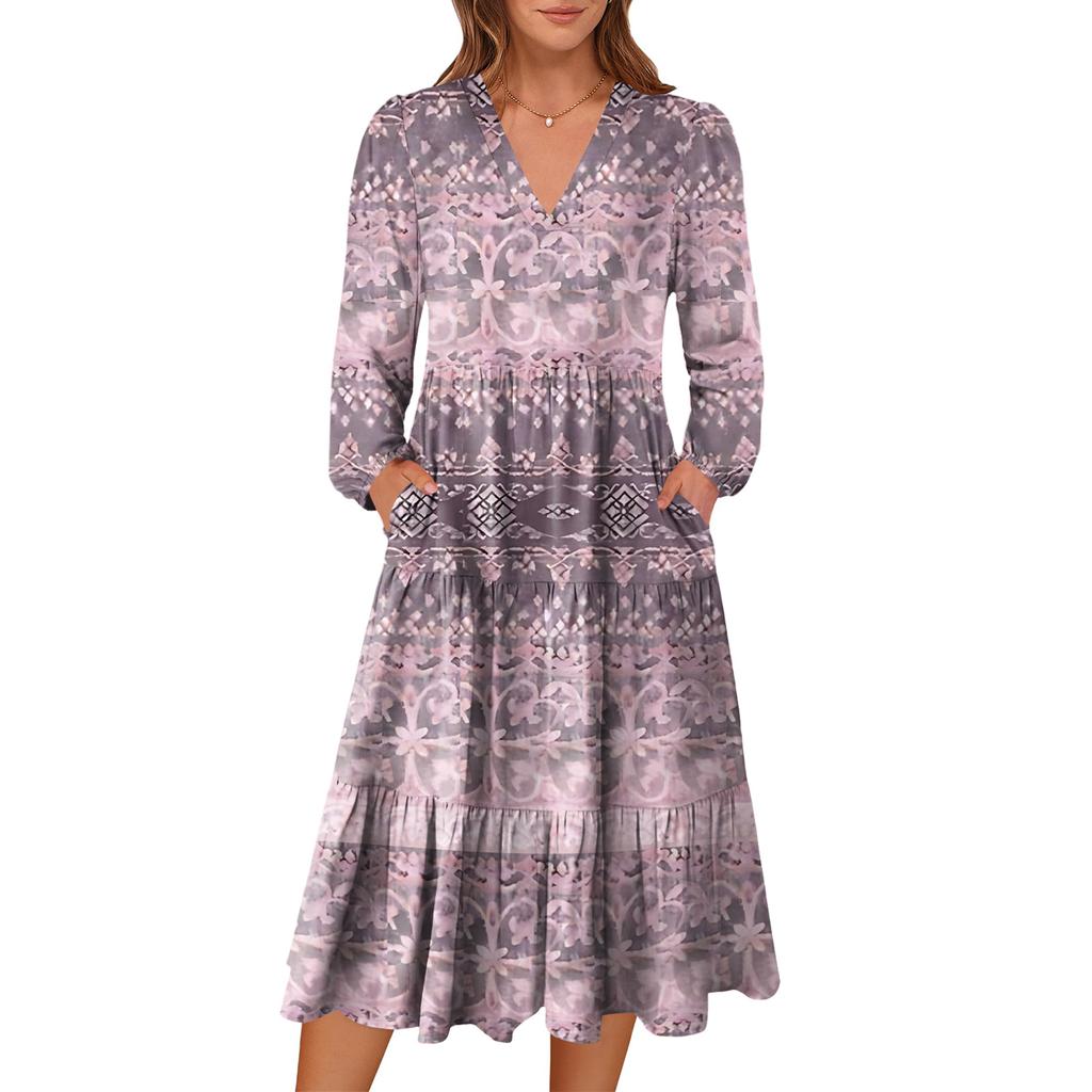 Damen V-Ausschnitt Fließendes Bohemian Langarm Blumenprint Kleid