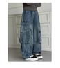 Girls' Retro Wide-Leg Cargo Jeans with Big Pockets - Distressed Loose Fit for Spring & Autumn