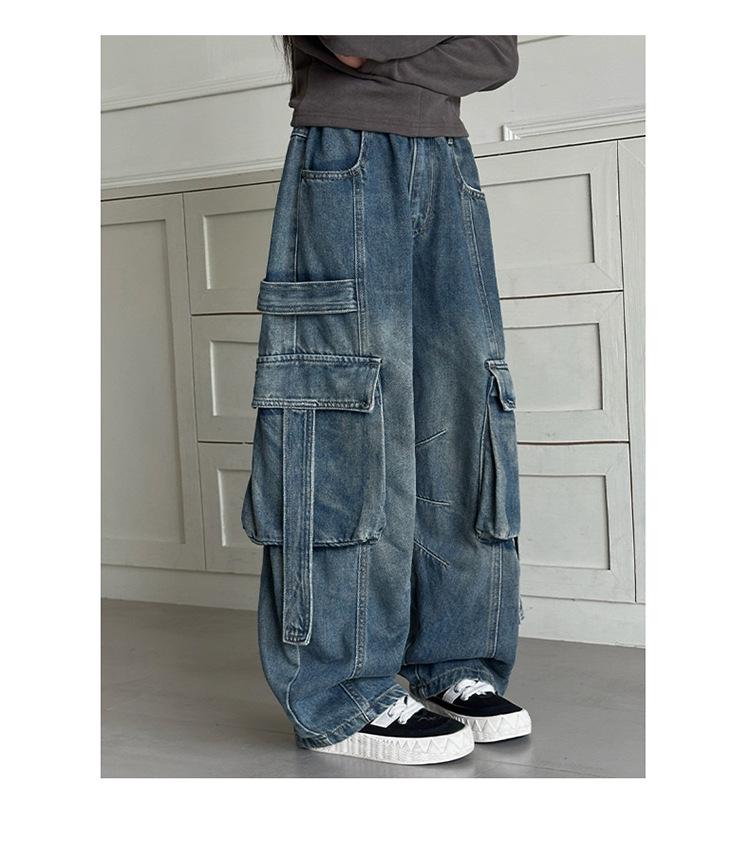 Girls' Retro Wide-Leg Cargo Jeans with Big Pockets - Distressed Loose Fit for Spring & Autumn
