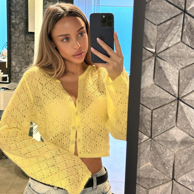 2026 Spring See Through Sweater Women Knit Cardigan Coats Sexy Hollow Out Single Breasted Cardigan Streetwear Y2K Knitted Tops