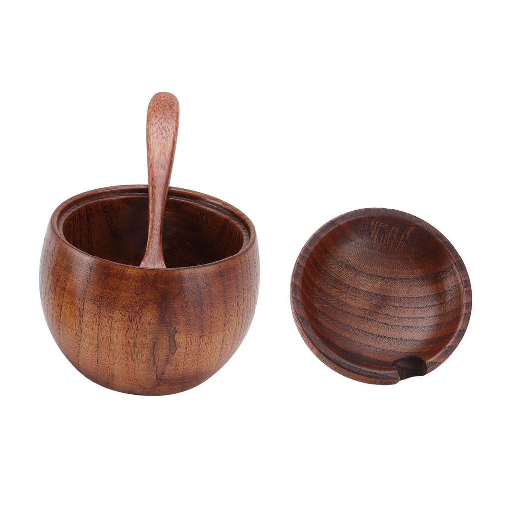 Wood Spice Jar Sugar Bowl Salt Box Seasonings Storage Container with Spoon Lid Kitchen Tool