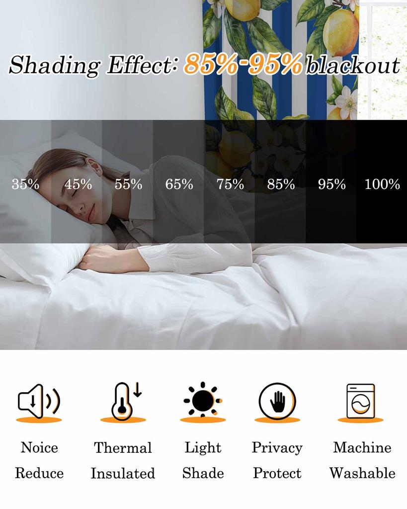 Classic Summer Blue Striped Lemon Plant Window Curtain Bedroom Decor Curtain Panel Curtains for Living Room