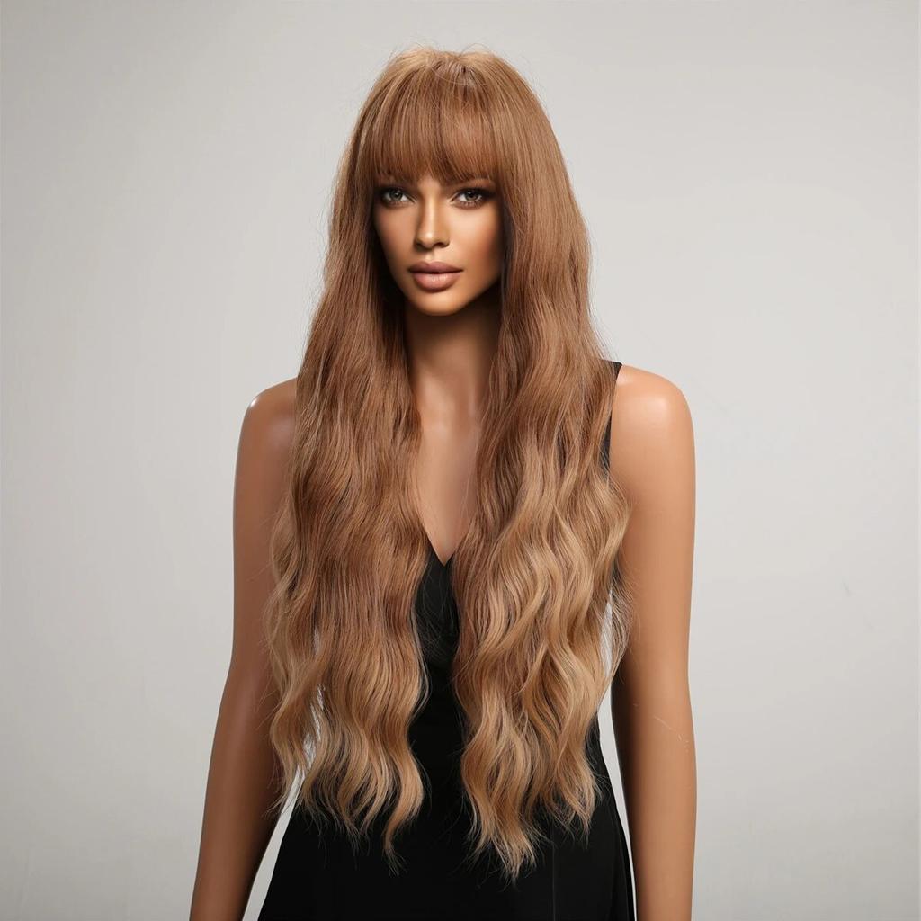 Long Water Wave Synthetic Wigs with Bangs Natural Ginger Brown Loose Curly Wavy Wig for Black White Women Heat Resistant Daily