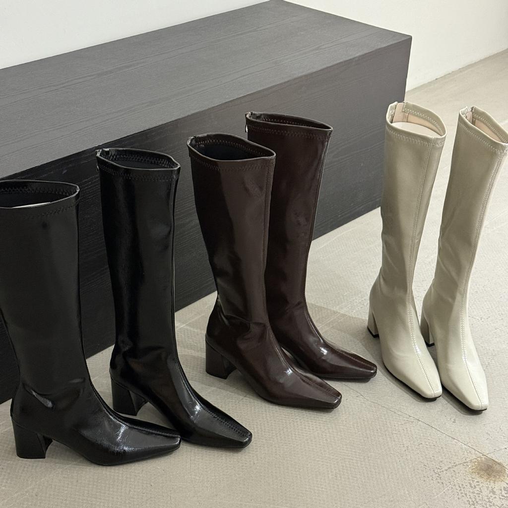 2025 New Niche Square Head Korean Version of Thick Heel High Boots, Thin High Heel Heightened Rear Zipper Boots, Knight Boots