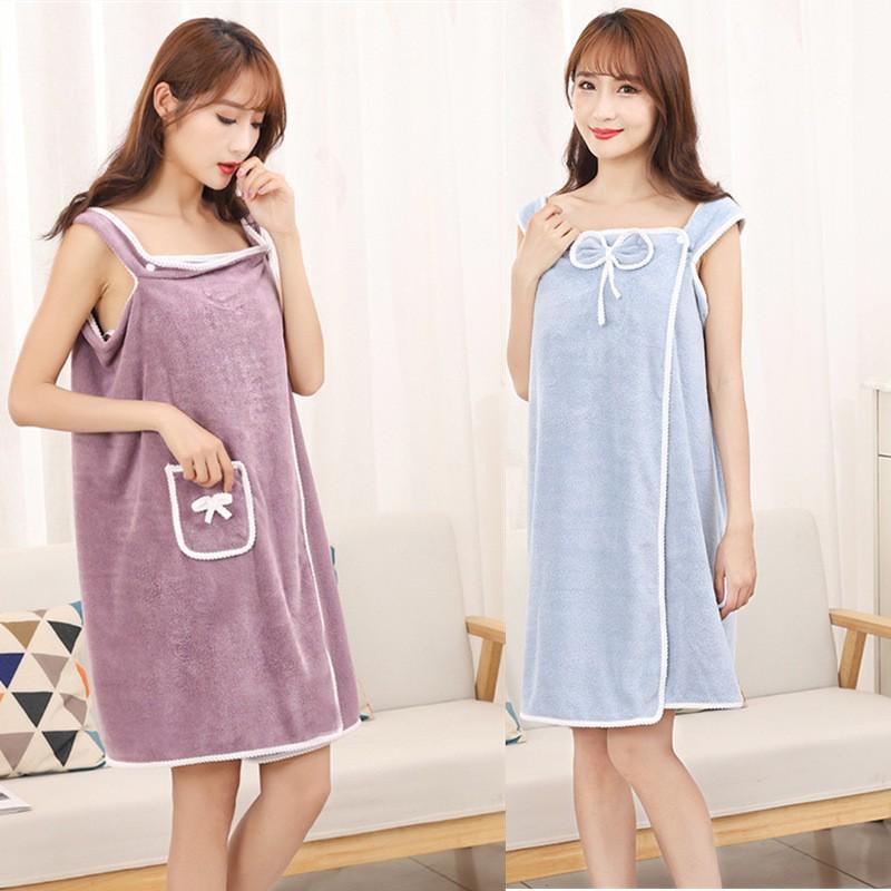 Soft Coral Fleece Wearable Bath Skirt with Bow and Pocket