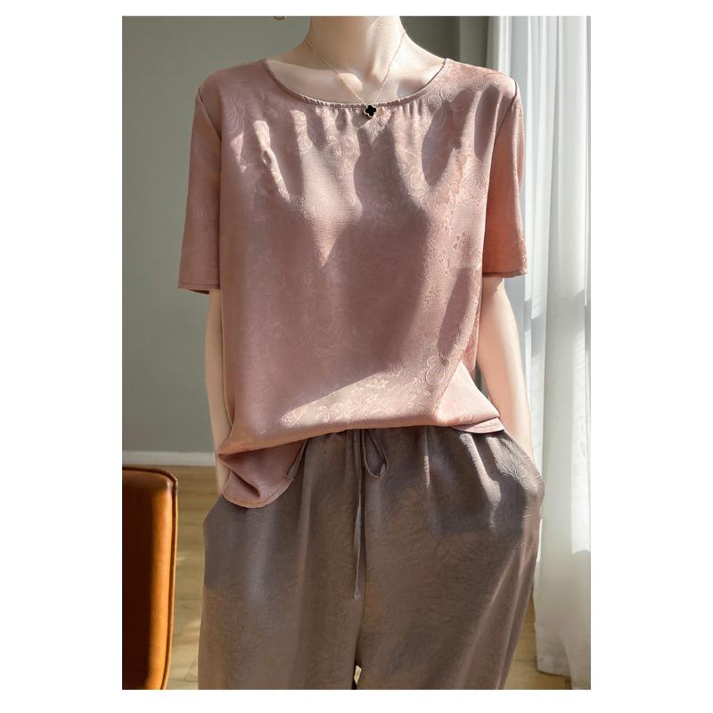 Summer Women's Silk T-shirt Round Neck Short Temperament Large Size Short-sleeved T-shirt Tops