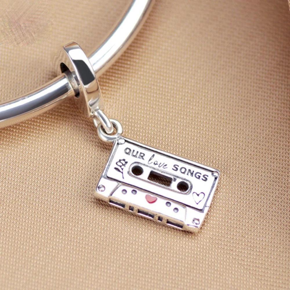 New 925 Silver Motorcycle Audio Tape Charm Beaded Chain Bracelet DIY Jewelry Trinket Pendant Gift