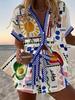 Linglong hemp European and American personality bright digital printing new casual summer top women's suit two-piece set