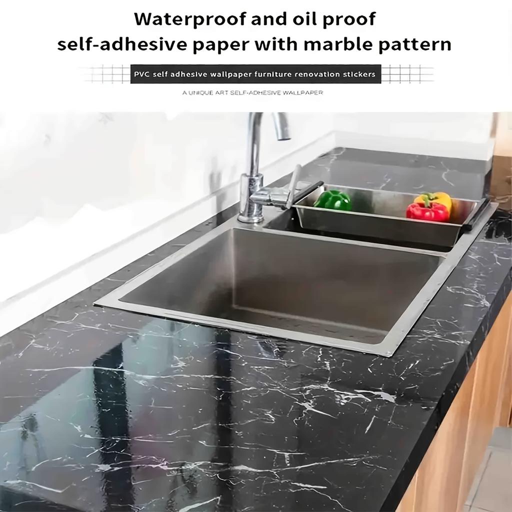 Papel Pintado Autoadhesivo de Vinilo Impermeable Resistente al Aceite y a Altas Temperaturas Removible con Acabado Brillante de Mármol Negro 145