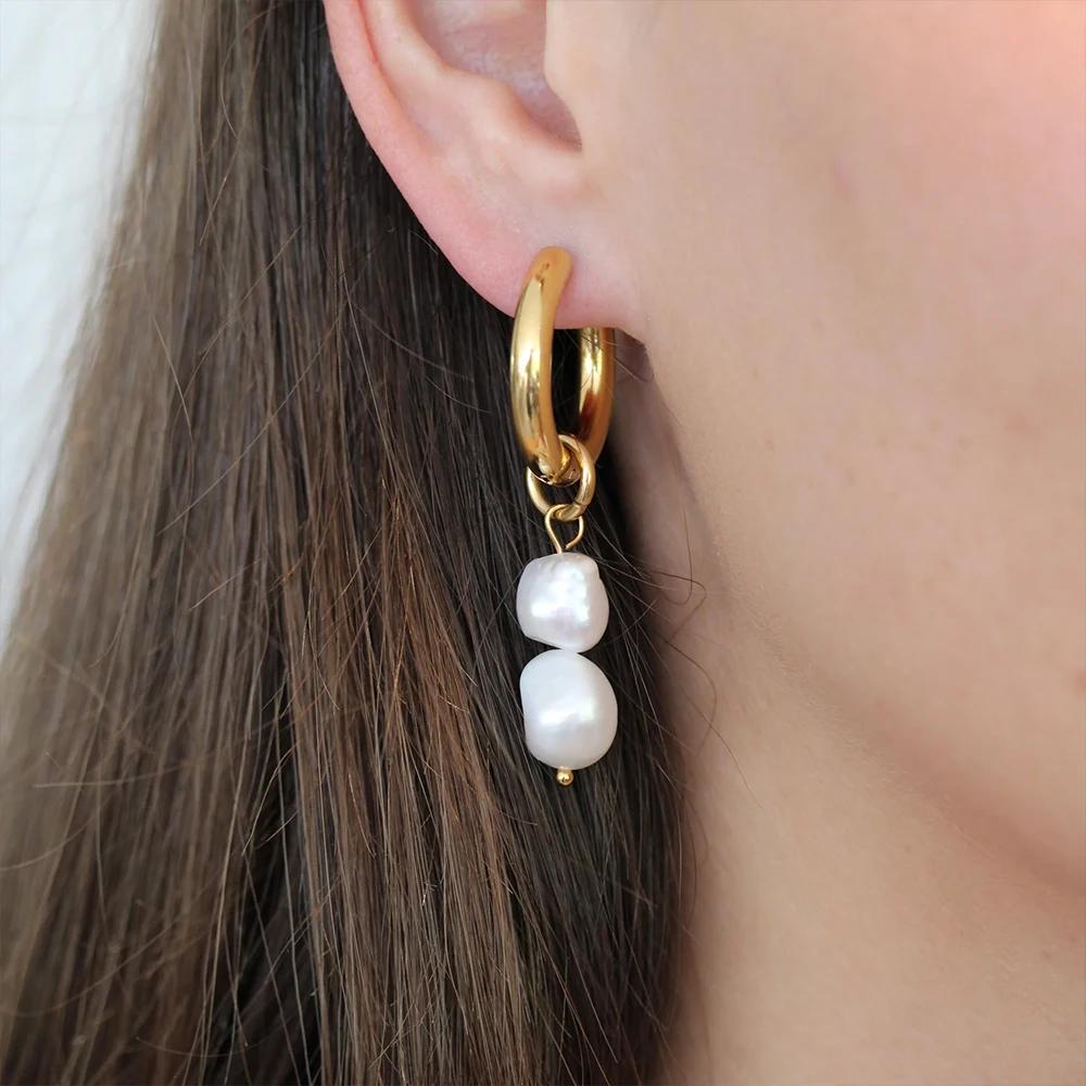 EManco Natural Hoop Earrings Stainless Steel Metallic Double Pearls Engagement Fashion Accessories Gifts