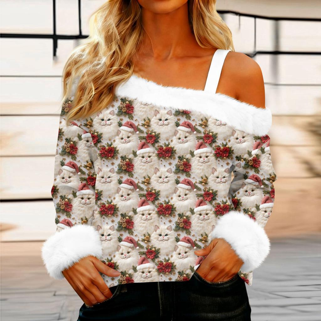 Women's Off-the-shoulder Plush Neck Printed Long-sleeved Pullover T-shirt Top