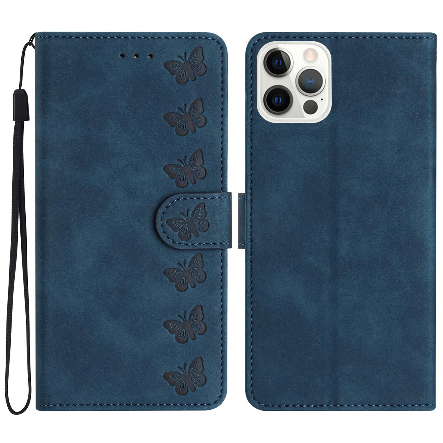 

For iPhone 14 Pro PU Leather Stand Wallet Phone Case Butterfly Imprinted Anti-drop Cover Blue