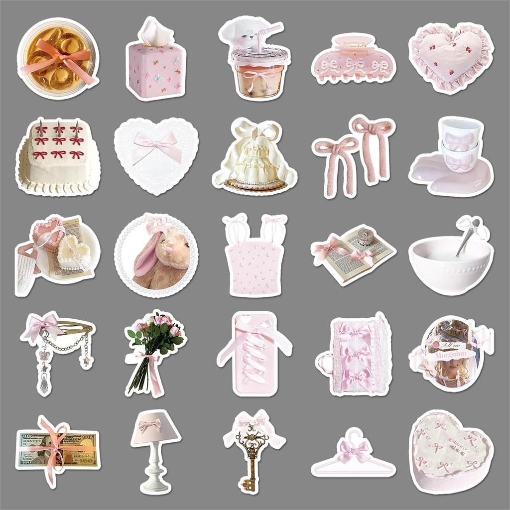 50 Cute Pink & White Bowknot Stickers - Waterproof Decor for Phone & Journal
