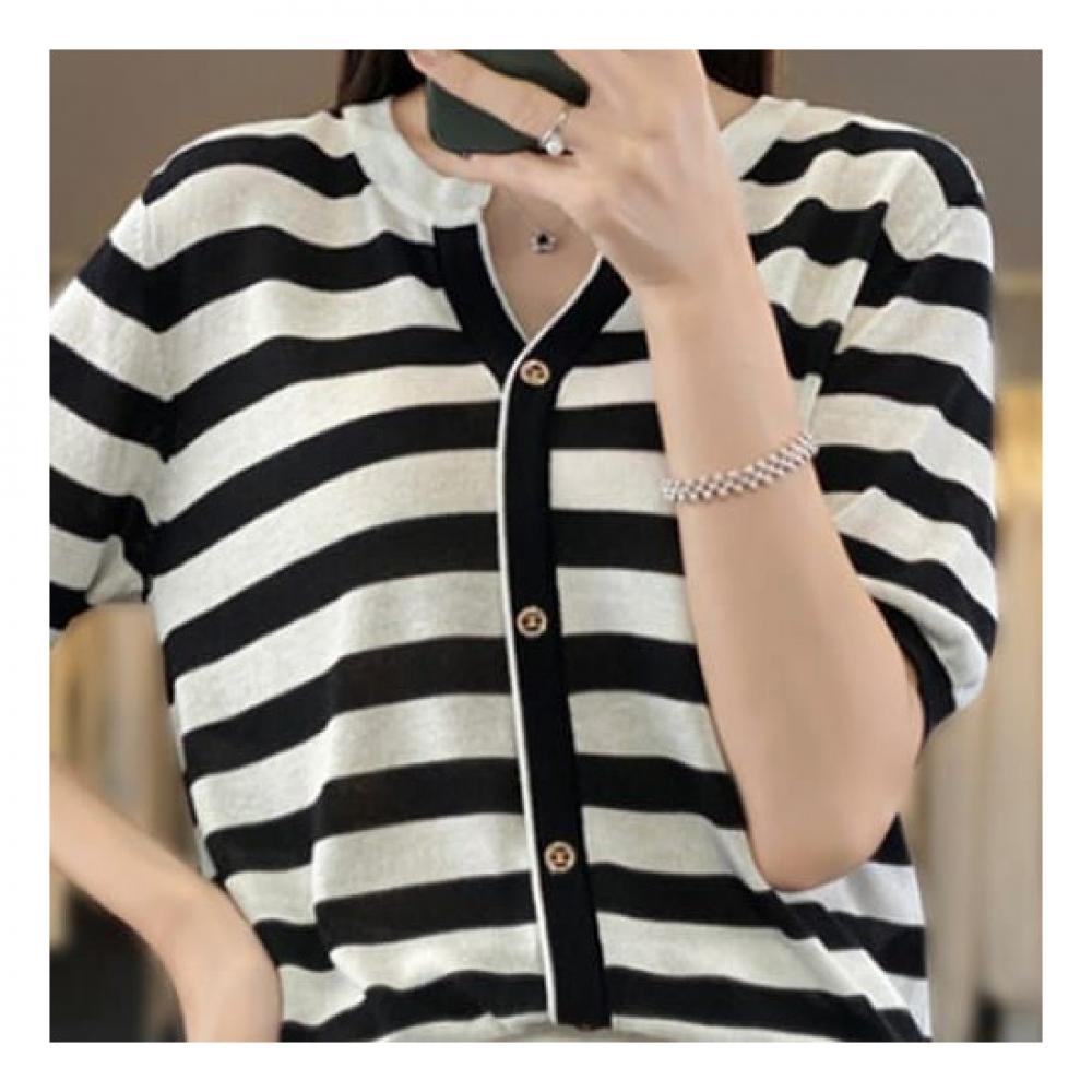 Navava Women Casual Simple Striped Short Sleeve Knit Nk2046