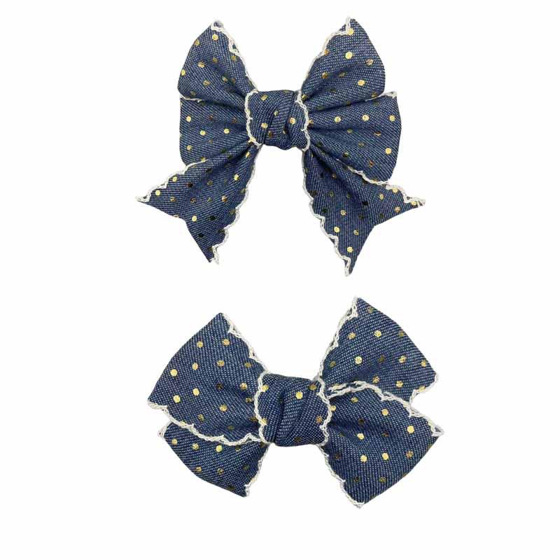 Handmade Retro Denim Blue Polka Dot Bow Hair Clip for Kids