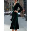 Spring European and American Velvet Long-sleeved Dress V-neck Sequins Slim Fit Elegant Temperament Commuter Splicing