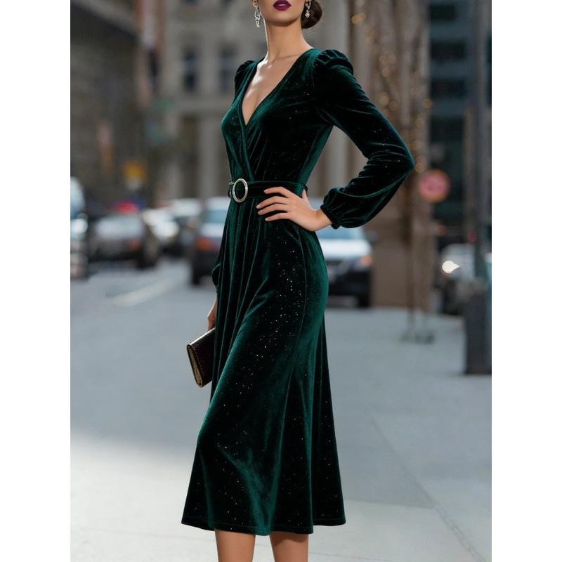 Spring European and American Velvet Long-sleeved Dress V-neck Sequins Slim Fit Elegant Temperament Commuter Splicing