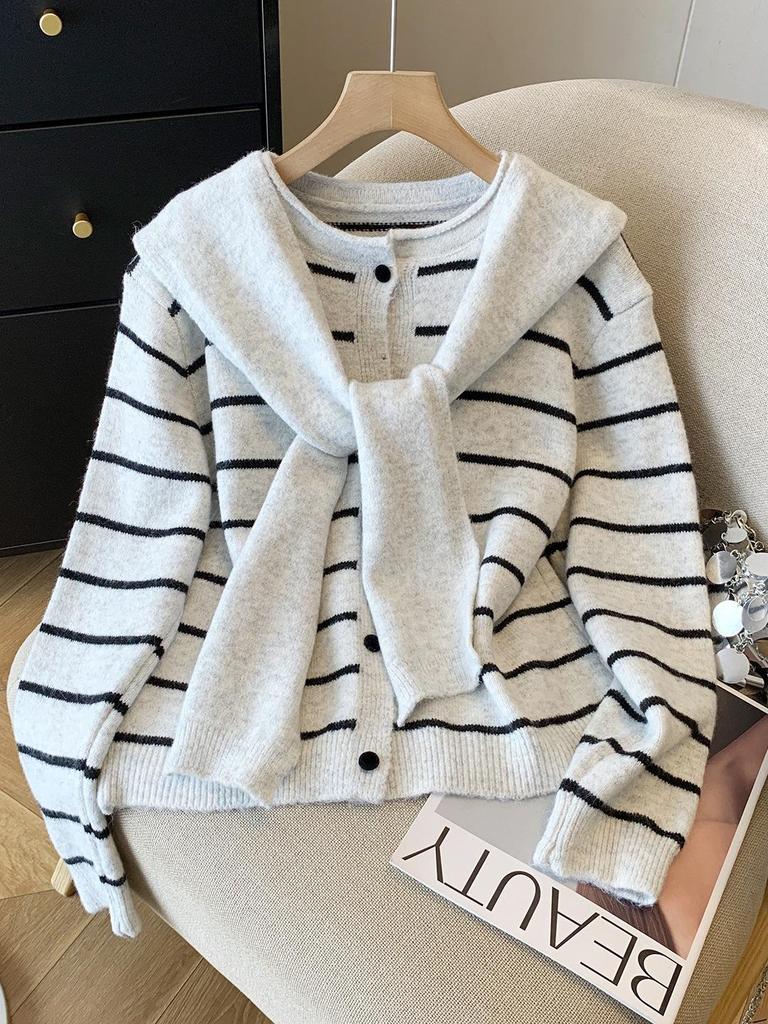 2025 Autumn Women's Korean Style Striped Jacket & Long Sleeve Sweater Two-Piece Set
