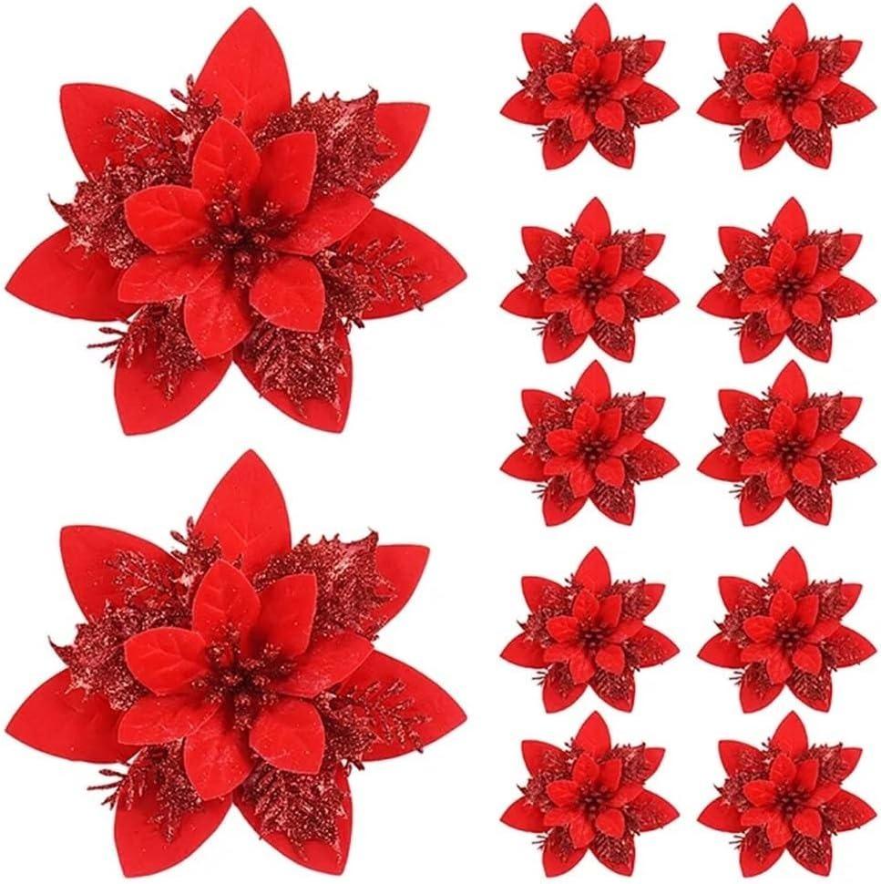 5/10Pcs 14.5cm Christmas Decoration Artifical Flower Ornaments Pink Red Gold Glitter Fake Flowers For Xmas Tree Home Decor