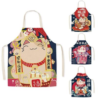 Delantal de lino japonés con dibujos del gato de la suerte, cocina casera, delantal para hornear, accesorios de limpieza para el hogar a prueba de aceite