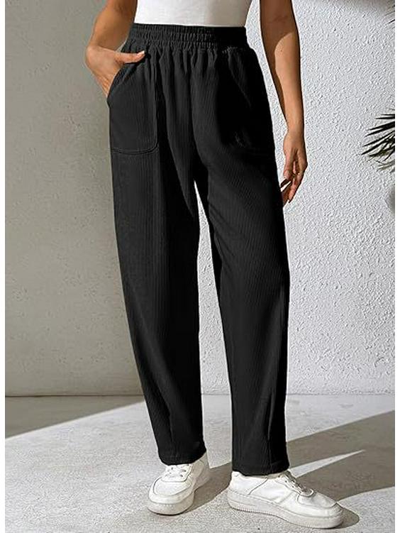 Women's Elastic High-Waist Corduroy Pleated Wide-Leg Pants with Pockets - Casual, Comfortable, Loose Fit for Autumn