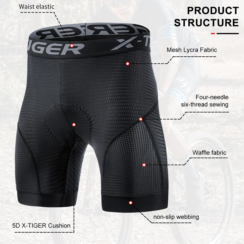 X-TIGER Cycling Underwear 5D Gel Pad Breathable Non-Slip Men Bike Shorts Shockproof Bicycle Underpant MTB Road Bike Riding Short