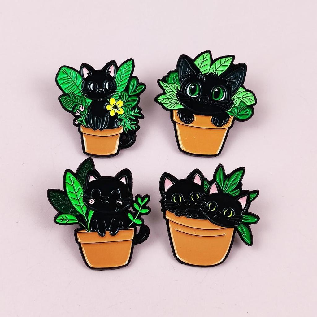 Cute Black Cat Potted Plant Brooch - Cartoon Animal Alloy Accessory for Backpacks & Clothing