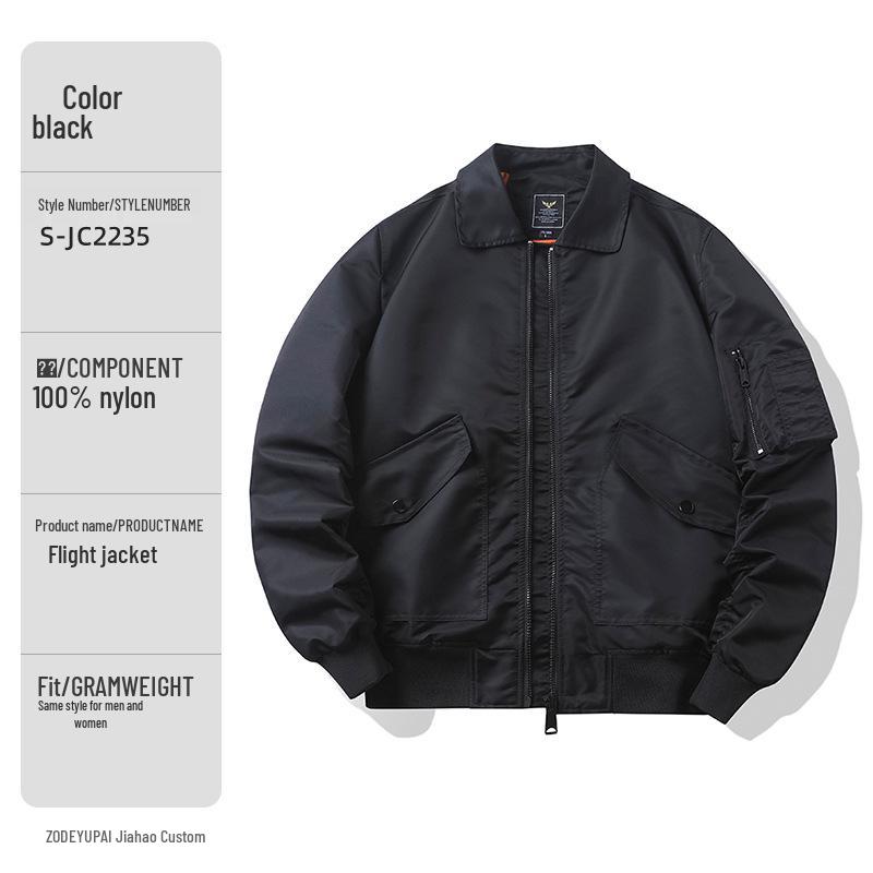 European & American Style Custom Printed Waterproof Flight Jacket with Stand Collar, Cotton Insulation, and Embroidered Logo.