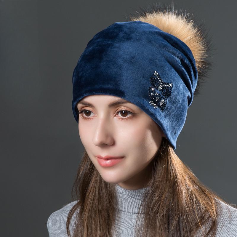 Owl Rhinestones Hats For Women Winter Warm Plus Velvet Fashion Caps With Natural Fur Pompoms Female Skullies Beanies
