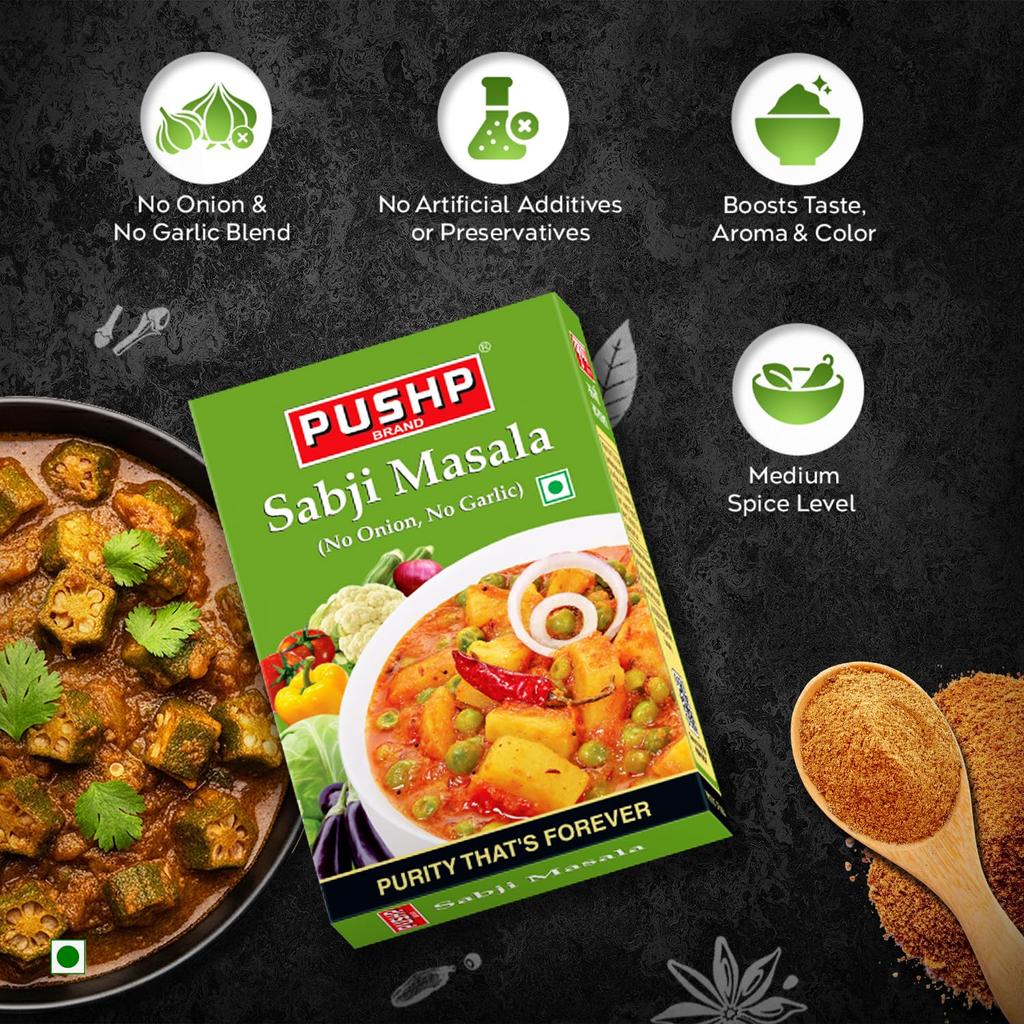 Pushp Sabji Masala Polvere Confezione da 10 Scatole da 50g Ciascuna Condimento All-in-One per Curry di Verdure per Autentica Cucina Indiana Casalinga