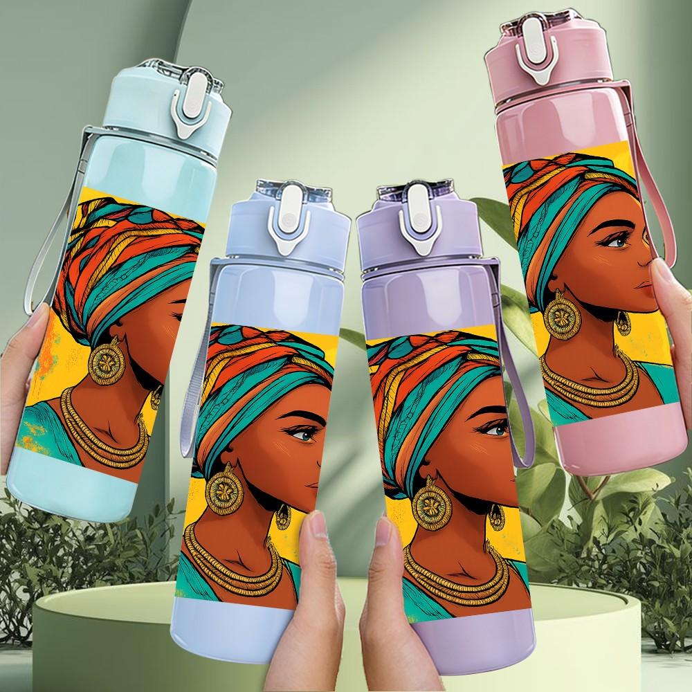 1PC African Girl Colorful Turban Print 750ml Color Plastic Sports Water Bottle Leakproof Flip Straw Lid Suitable for Sports Office Home Use