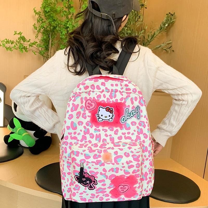 Joli Sac à Dos Cartoon Imprimé Léopard Kt Mignon Rose Grande Capacité Sac d'École Étudiant Y2K Coréen Décontracté Oxford
