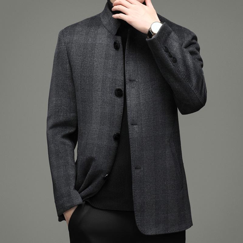Hengyuanxiang Men's Wool Stand-Up Collar Zhongshan Jacket - Casual Woolen Coat for Seniors