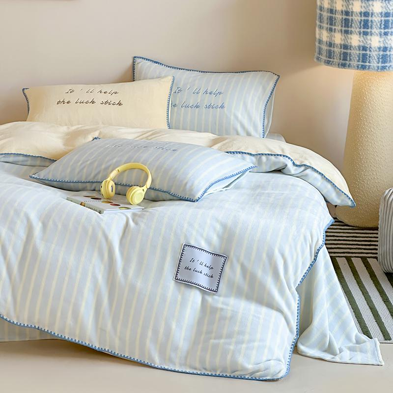 Light Blue Striped Duvet Cover Set with Sheet and Pillowcases Autumn Winter Warm Milk Velvet Bedding Set for Single Double Bed
