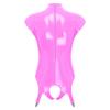 Womens Glossy Patent Leather Bodysuit Mock Neck Sleeveless Hollow Cup Open Crotch Leotard Garter Clips