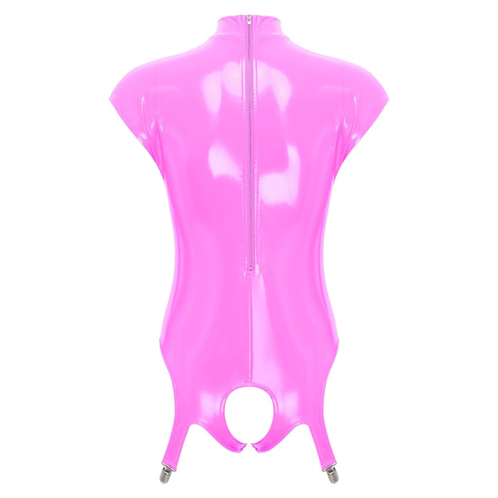 Womens Glossy Patent Leather Bodysuit Mock Neck Sleeveless Hollow Cup Open Crotch Leotard Garter Clips