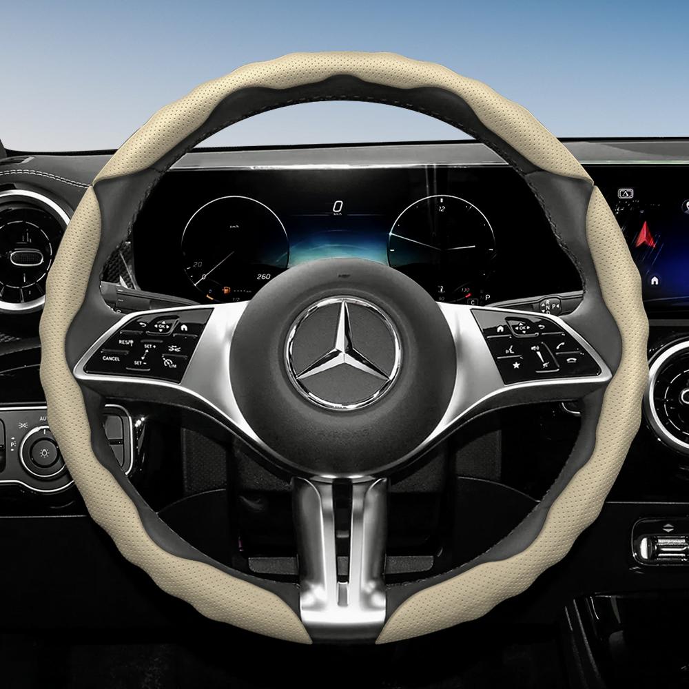 Steering Wheel Cover for Mercedes-Benz, Wave-Shaped Sporty Design, Breathable Leather, Segmented, Non-Slip, Sweat-Absorbing Protective Case