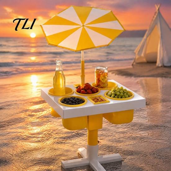 Portable Outdoor Tray Beach Snack & Drink Table, 3D Printed Sand Table with 6 Compartments, Travel Coffee Cup Holder Mini Beverage Slots for