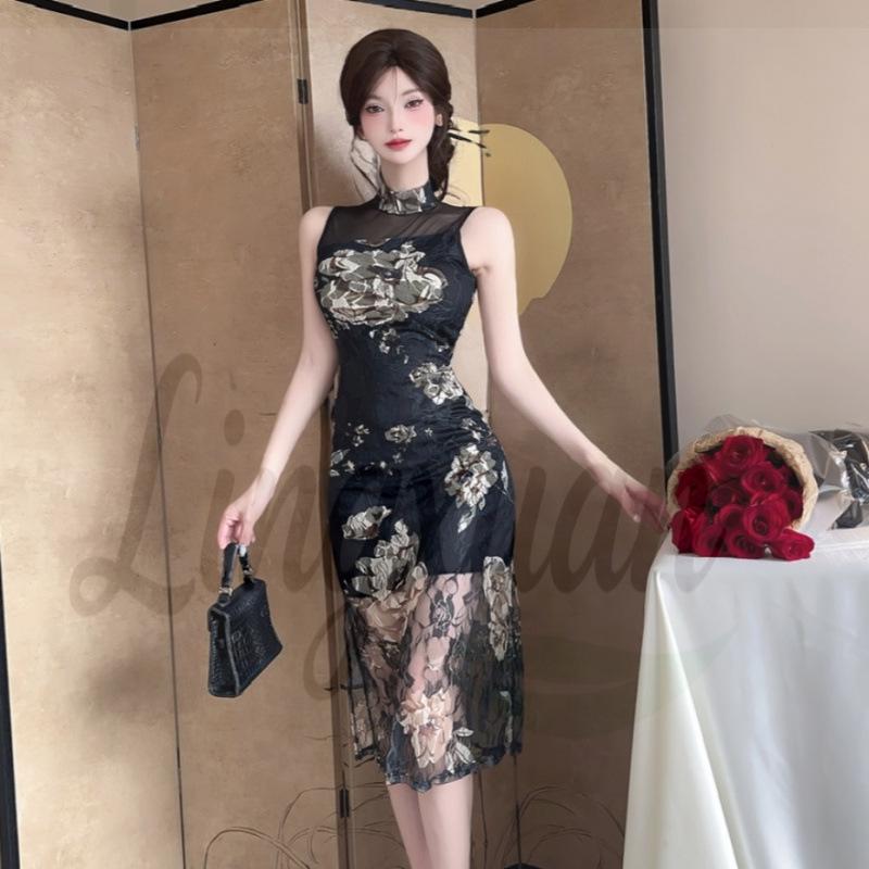 

Retro Stand Collar Printed Off-Shoulder Qipao Dress Small чёрный