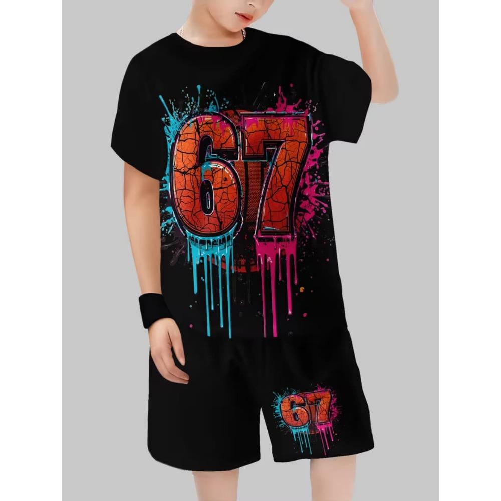 Funny Six Seven 67 Number Print Kids Short Sleeve Suit Boy's Clothing T-Shirt Shorts Set Girl's Clothes